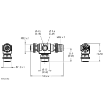 VT2-FKM5-FKM5-FSM5 Rozdzielacz typu T bez przewodu, Trójnik 2-drogowy, M12, 1 x złącze męskie, 2 x złącze żeńskie